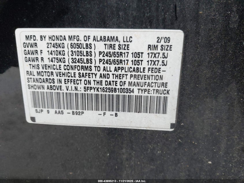 2009 Honda Ridgeline Rt VIN: 5FPYK16259B100354 Lot: 43695213
