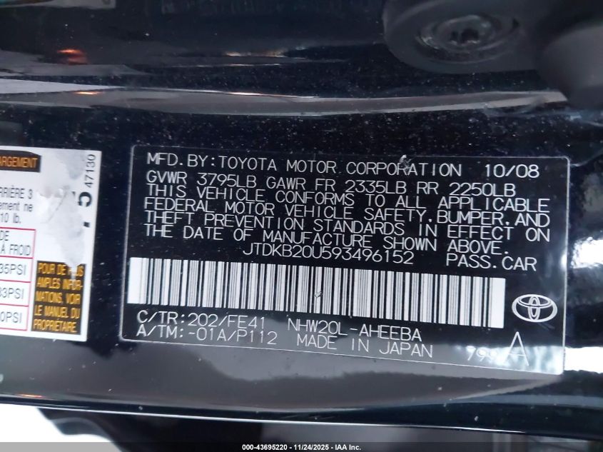 2009 Toyota Prius VIN: JTDKB20U593496152 Lot: 43695220