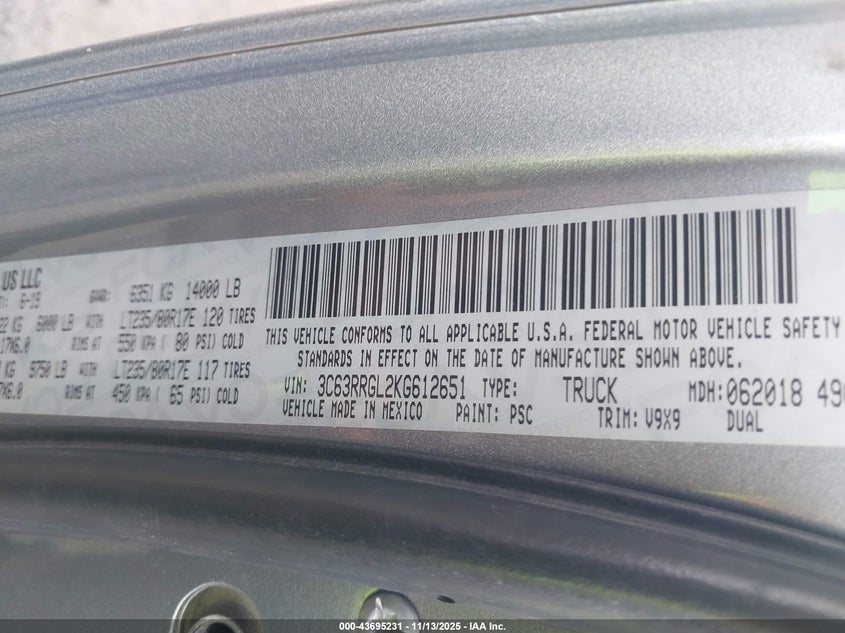 2019 Ram 3500 Tradesman 4X4 8' Box VIN: 3C63RRGL2KG612651 Lot: 43695231