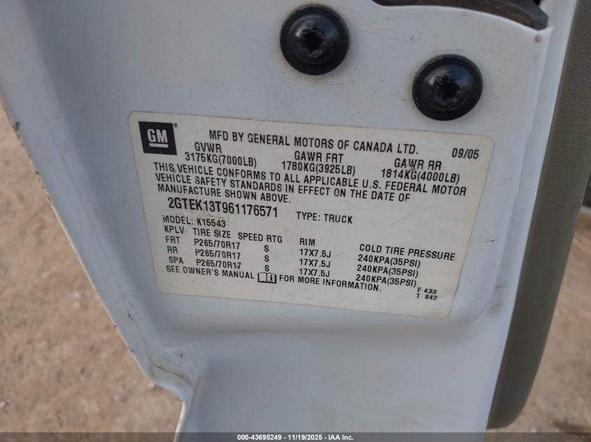 2006 GMC Sierra 1500 Slt VIN: 2GTEK13T961176571 Lot: 43695249