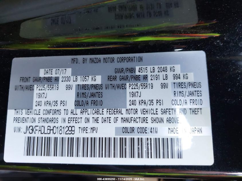 2017 Mazda Cx-5 Grand Select VIN: JM3KFADL6H0181299 Lot: 43695250