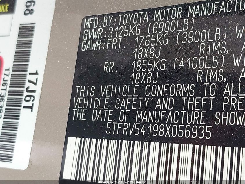 2008 Toyota Tundra Base 5.7L V8 VIN: 5TFRV54198X056935 Lot: 43695251