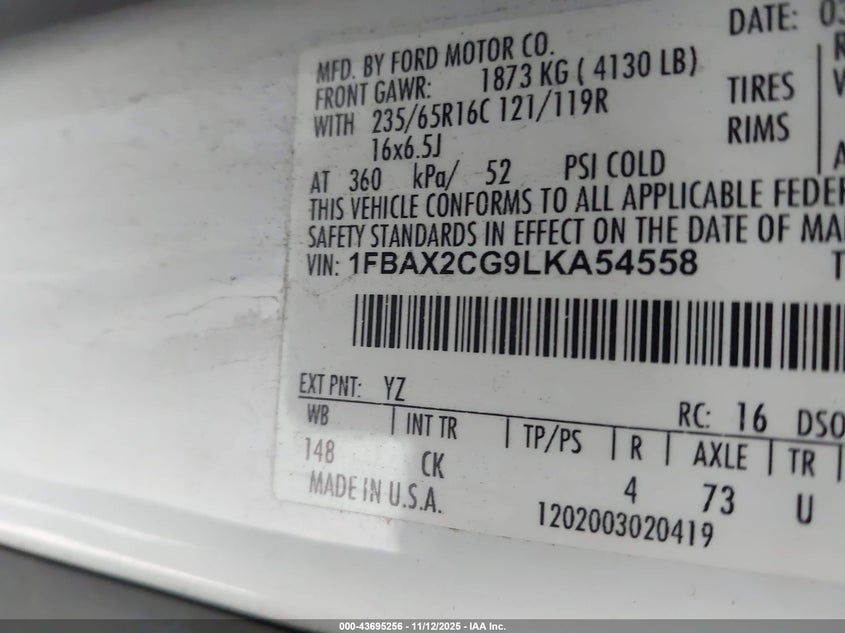 2020 Ford Transit-350 Passenger Van Xlt VIN: 1FBAX2CG9LKA54558 Lot: 43695256