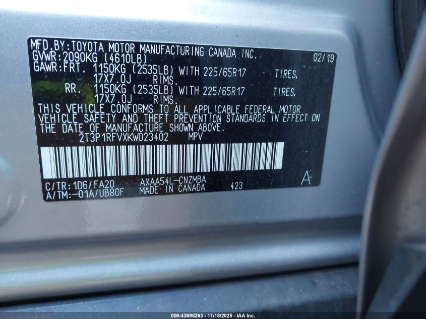 2019 Toyota Rav4 Xle VIN: 2T3P1RFVXKW023402 Lot: 43695263