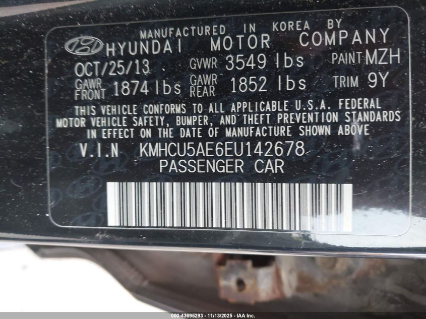 2014 Hyundai Accent Se VIN: KMHCU5AE6EU142678 Lot: 43695293