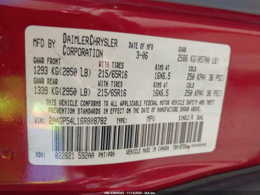 2006 Chrysler Town & Country Touring VIN: 2A4GP54L16R808782 Lot: 43695302
