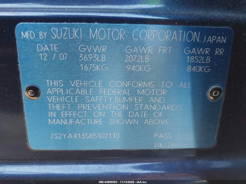 2008 Suzuki Sx4 Convenience Regional Edition/Regional Edition/Touring 2 Regional Edition VIN: JS2YA413585102110 Lot: 43695303