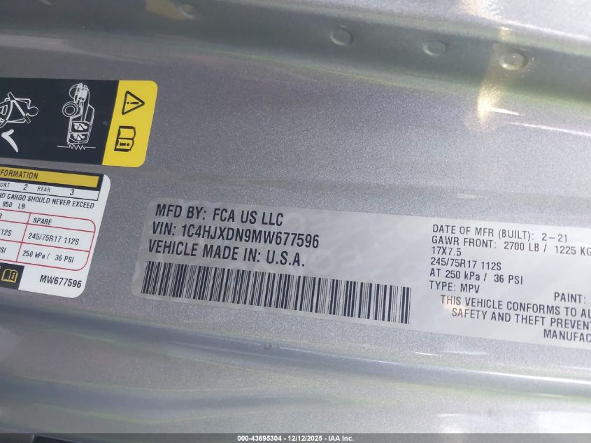 2021 Jeep Wrangler Unlimited Sport 4X4 VIN: 1C4HJXDN9MW677596 Lot: 43695304