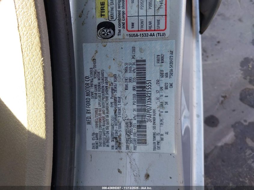 2006 Ford Fusion Se VIN: 3FAFP071X6R215551 Lot: 43695307