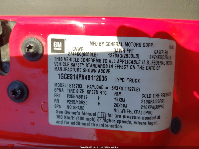 2004 Chevrolet Ssr VIN: 1GCES14PX4B112036 Lot: 43695310