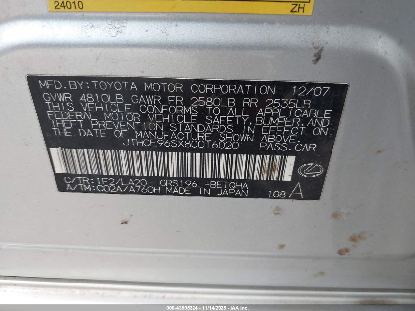 2008 Lexus Gs 350 VIN: JTHCE96SX80016020 Lot: 43695324