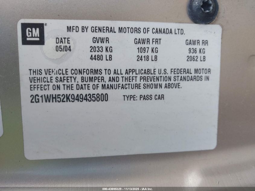 2004 Chevrolet Impala Ls VIN: 2G1WH52K949435800 Lot: 43695329