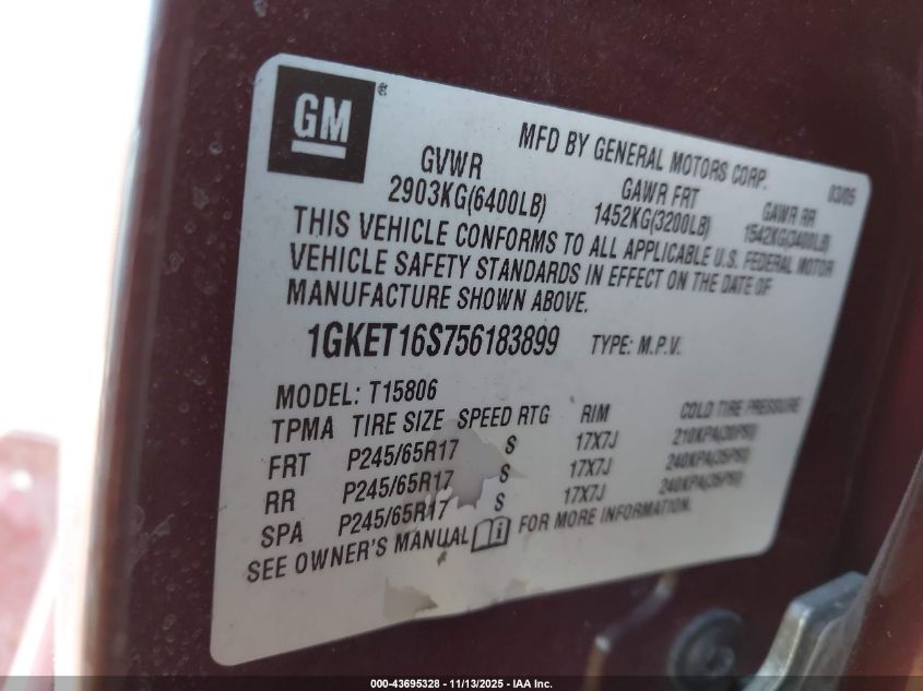 2005 GMC Envoy Xl Slt VIN: 1GKET16S756183899 Lot: 43695328