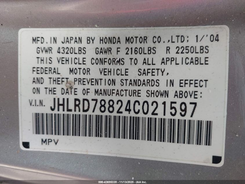 2004 Honda Cr-V Ex VIN: JHLRD78824C021597 Lot: 43695339