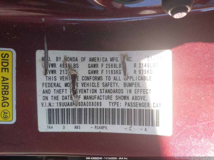 2013 Acura Tl 3.5 VIN: 19UUA8F56DA008069 Lot: 43695346