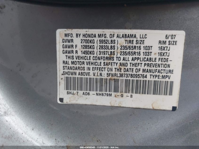 2007 Honda Odyssey Ex-L VIN: 5FNRL38737B095764 Lot: 43695349