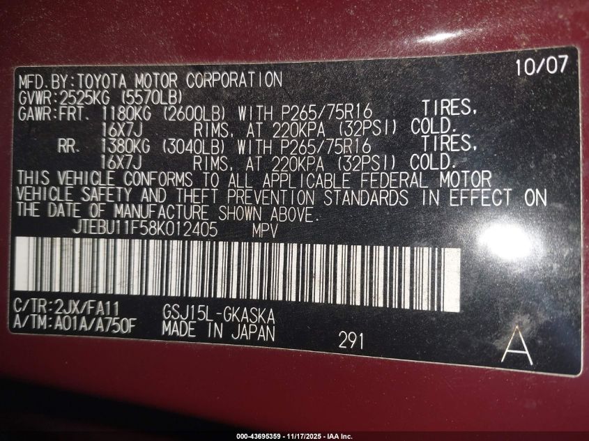 2008 Toyota Fj Cruiser VIN: JTEBU11F58K012405 Lot: 43695359