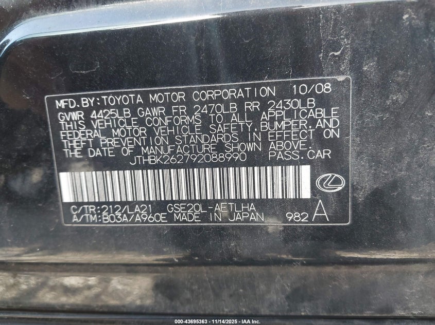 2009 Lexus Is 250 VIN: JTHBK262792088990 Lot: 43695363