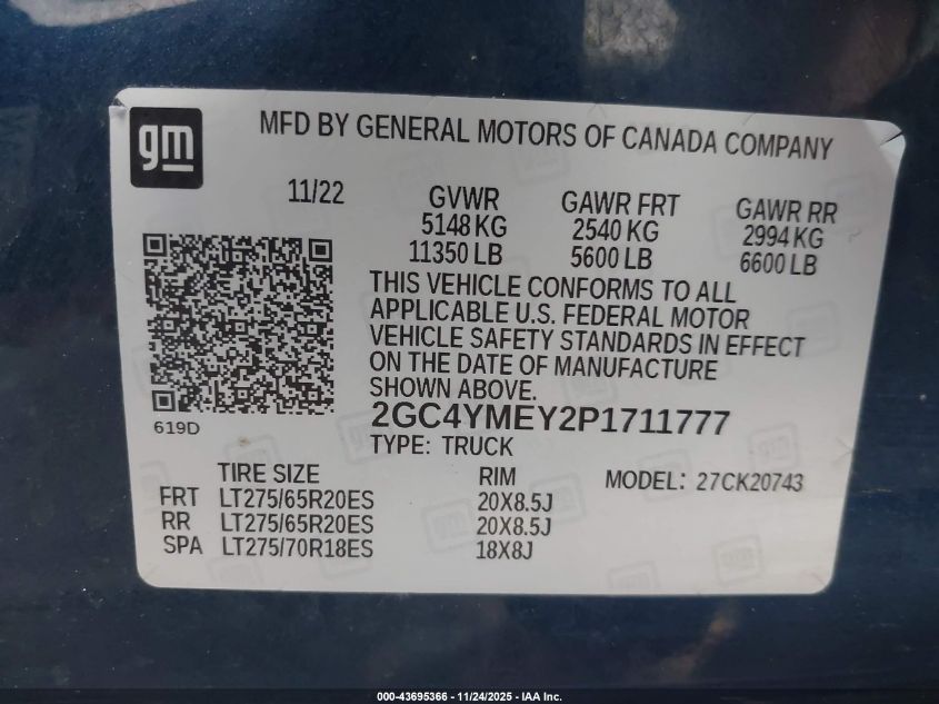2023 Chevrolet Silverado 2500Hd 4Wd Standard Bed Custom VIN: 2GC4YMEY2P1711777 Lot: 43695366
