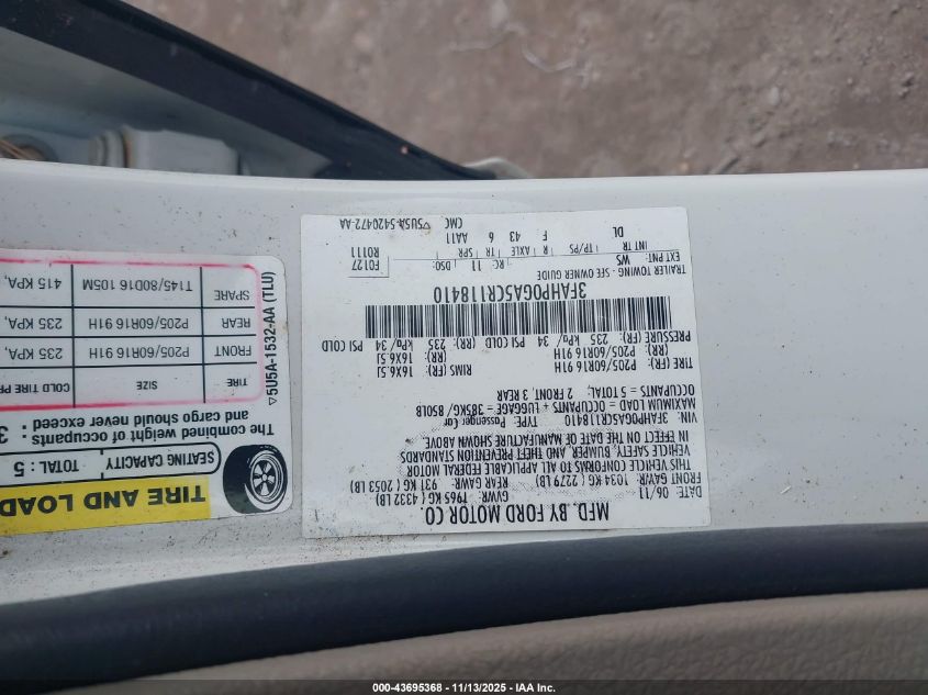 2012 Ford Fusion S VIN: 3FAHP0GA5CR118410 Lot: 43695368