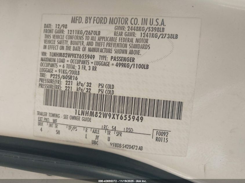 1999 Lincoln Town Car Signature VIN: 1LNHM82W9XY655949 Lot: 43695372