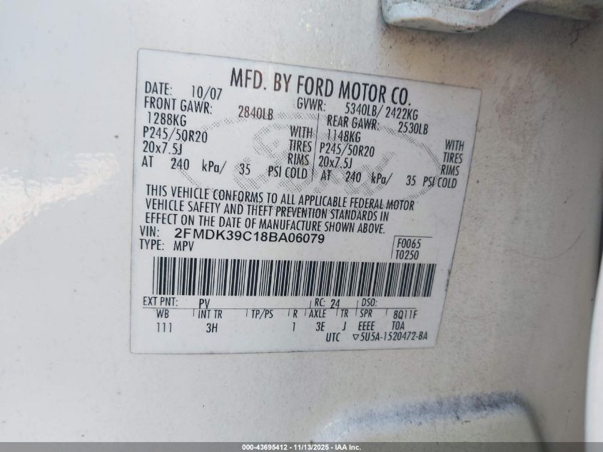 2008 Ford Edge Limited VIN: 2FMDK39C18BA06079 Lot: 43695412