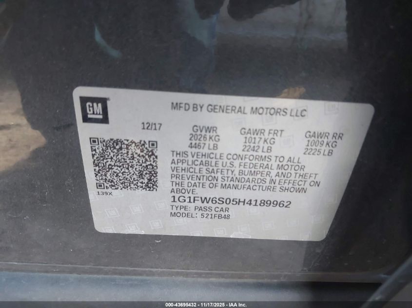 2017 Chevrolet Bolt Ev Lt VIN: 1G1FW6S05H4189962 Lot: 43695432