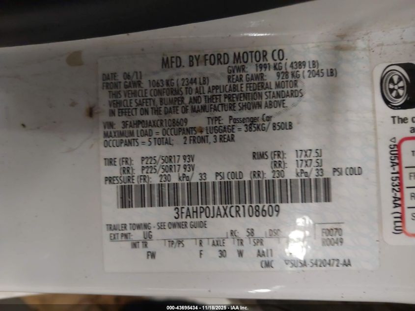 2012 Ford Fusion Sel VIN: 3FAHP0JAXCR108609 Lot: 43695434