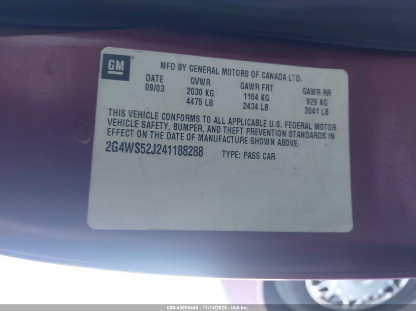 2G4WS52J241188288 2004 BUICK CENTURY photo no. 9