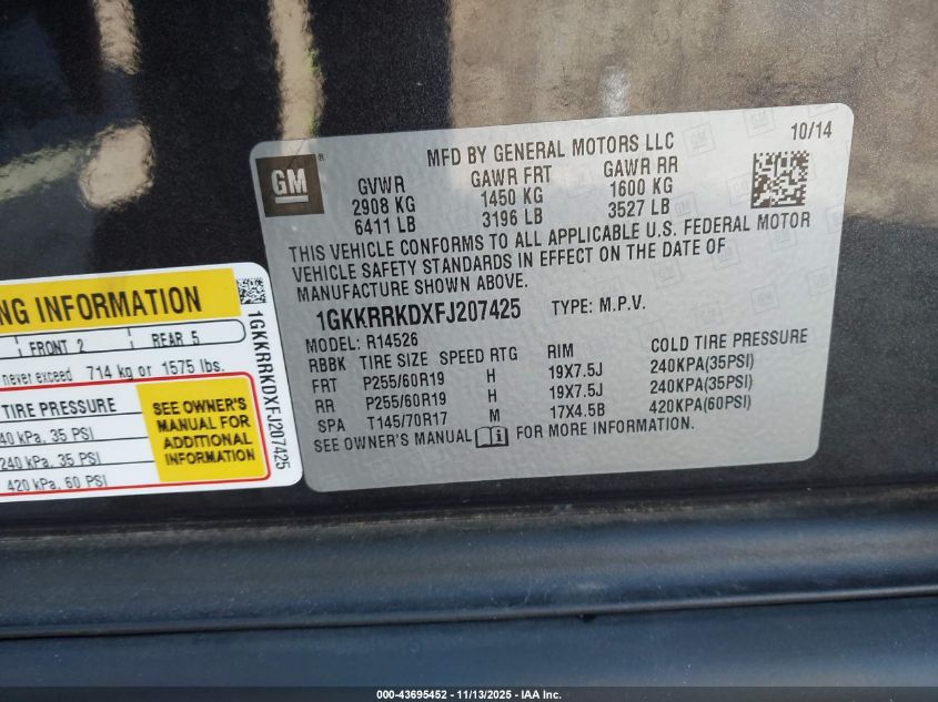 2015 GMC Acadia Slt-1 VIN: 1GKKRRKDXFJ207425 Lot: 43695452