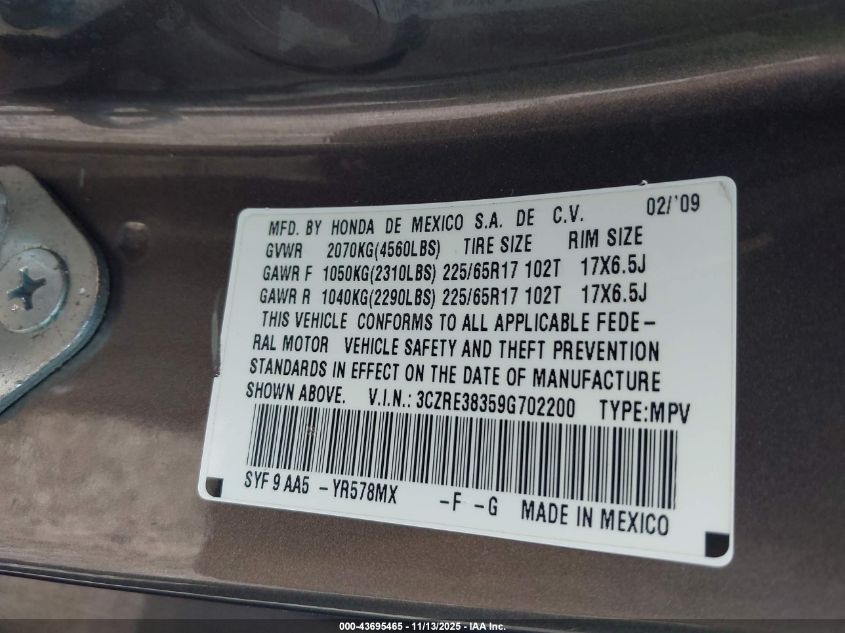 2009 Honda Cr-V Lx VIN: 3CZRE38359G702200 Lot: 43695465