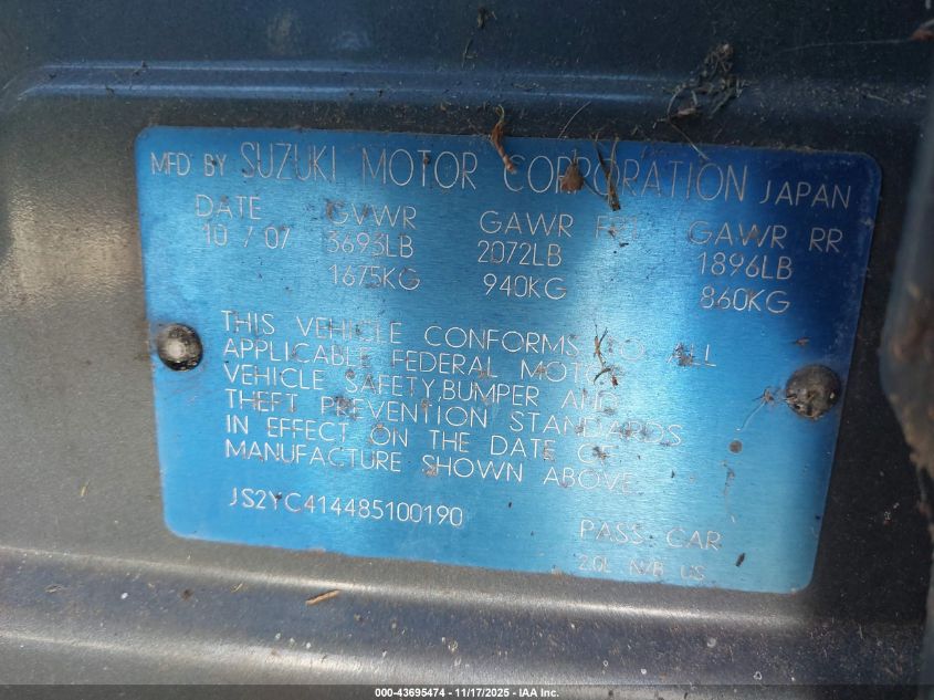2008 Suzuki Sx4 Sport VIN: JS2YC414485100190 Lot: 43695474