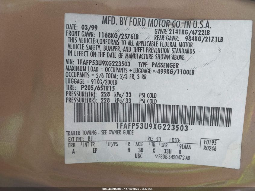 1999 Ford Taurus Se/Se-Ne VIN: 1FAFP53U9XG223503 Lot: 43695500