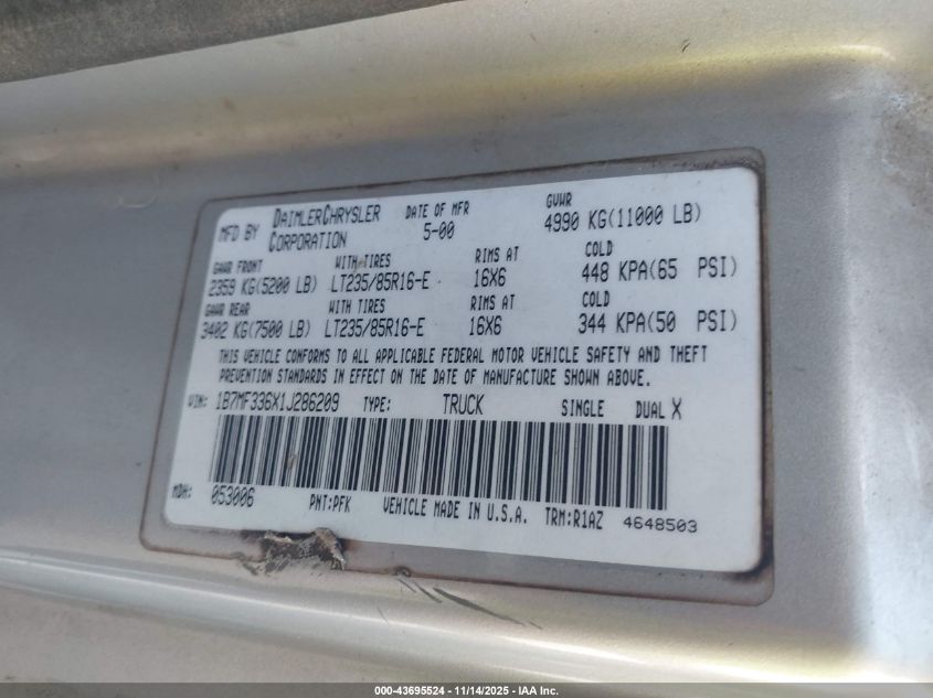 2001 Dodge Ram 3500 St VIN: 1B7MF336X1J286209 Lot: 43695524