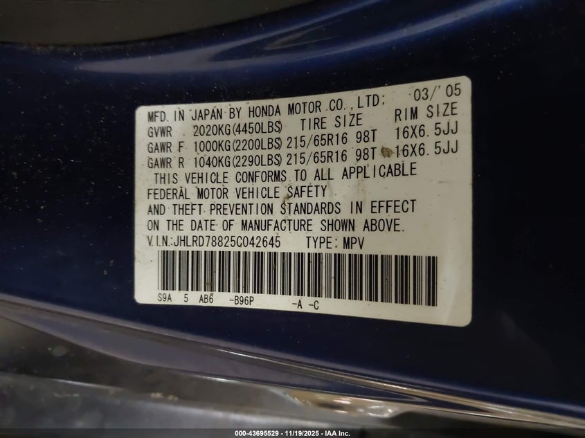 2005 Honda Cr-V Ex VIN: JHLRD78825C042645 Lot: 43695529