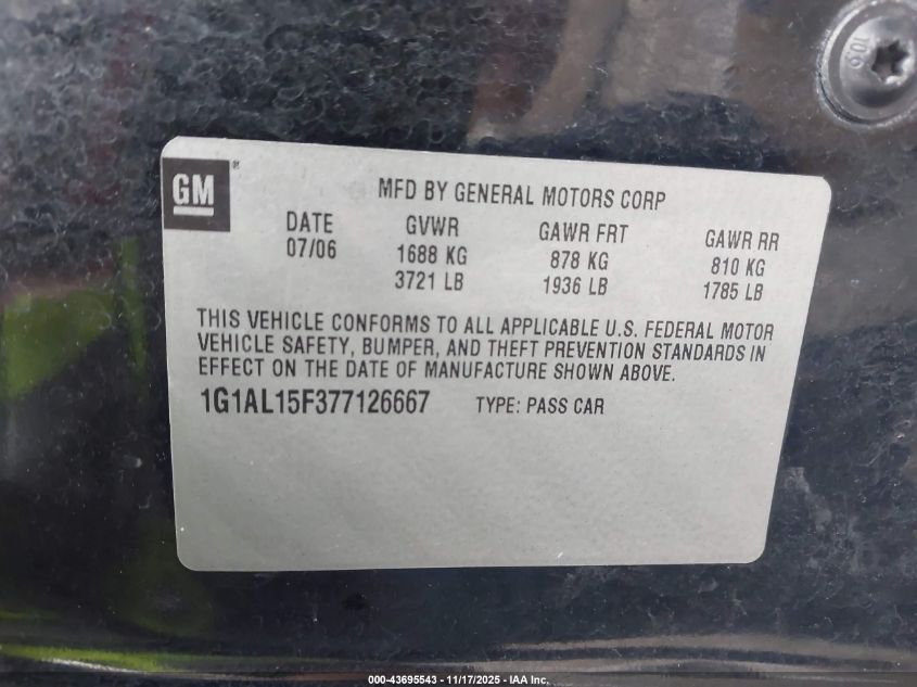 2007 Chevrolet Cobalt Lt VIN: 1G1AL15F377126667 Lot: 43695543