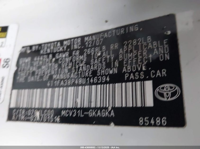 2008 Toyota Camry Solara Sle VIN: 4T1FA38P48U146394 Lot: 43695553