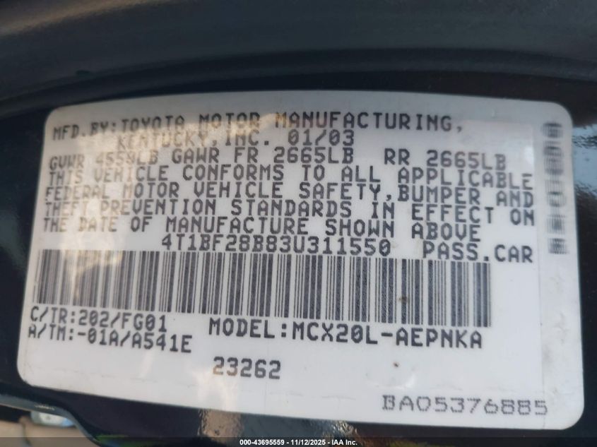 2003 Toyota Avalon Xl VIN: 4T1BF28B83U311550 Lot: 43695559