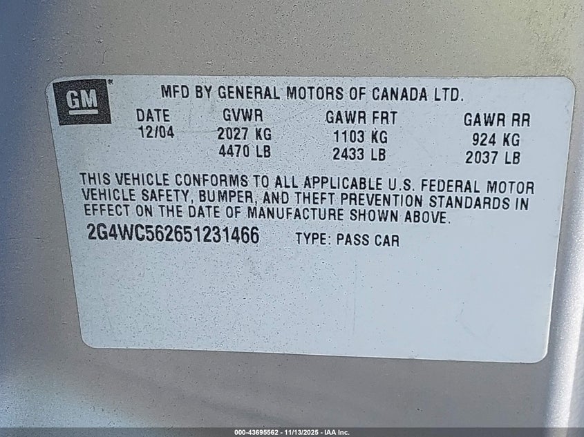 2005 Buick Lacrosse Cx VIN: 2G4WC562651231466 Lot: 43695562