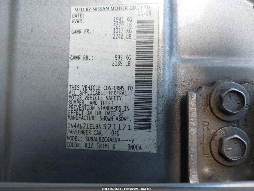 2009 Nissan Altima 2.5 S VIN: 1N4AL21E19N521171 Lot: 43695571
