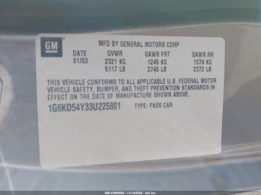 2003 Cadillac Deville Standard VIN: 1G6KD54Y33U225801 Lot: 43695582
