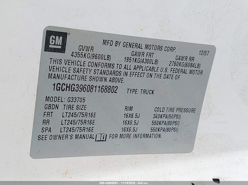 2008 Chevrolet Express Work Van VIN: 1GCHG396081168802 Lot: 43695591