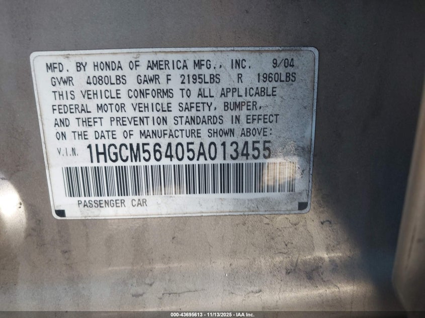 1HGCM56405A013455 2005 HONDA ACCORD photo no. 9