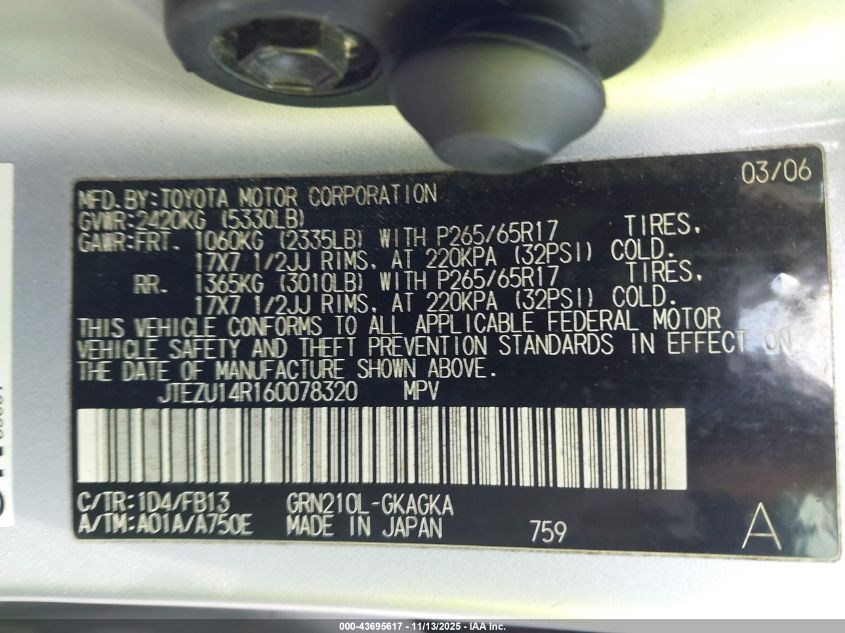 2006 Toyota 4Runner Sr5 Sport V6 VIN: JTEZU14R160078320 Lot: 43695617