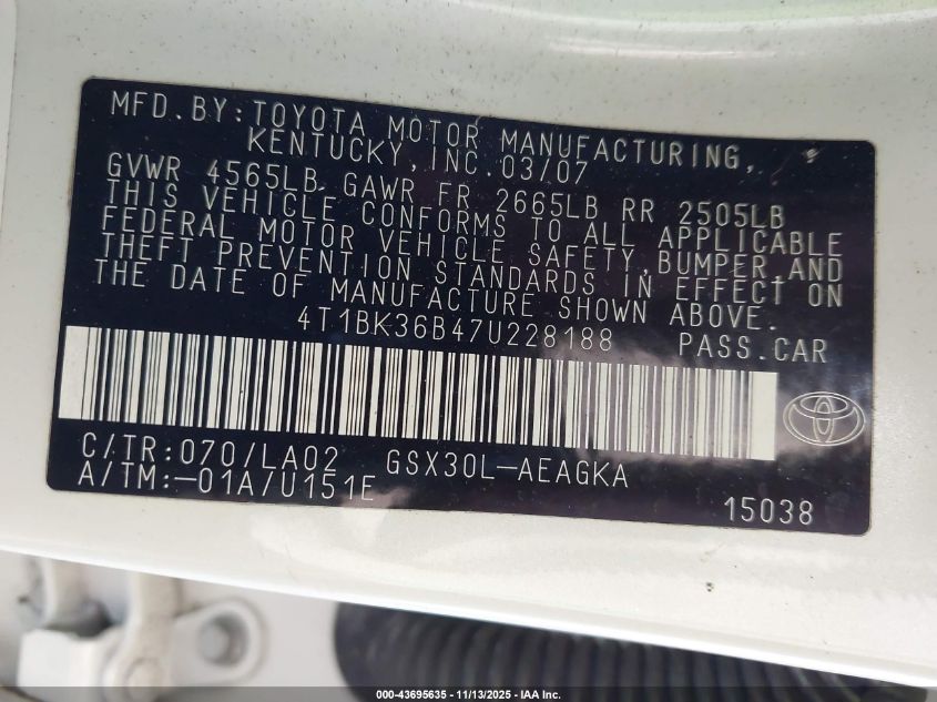 2007 Toyota Avalon Xls VIN: 4T1BK36B47U228188 Lot: 43695635