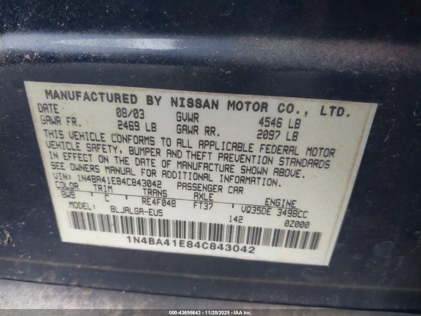 2004 Nissan Maxima 3.5 Sl VIN: 1N4BA41E84C843042 Lot: 43695643