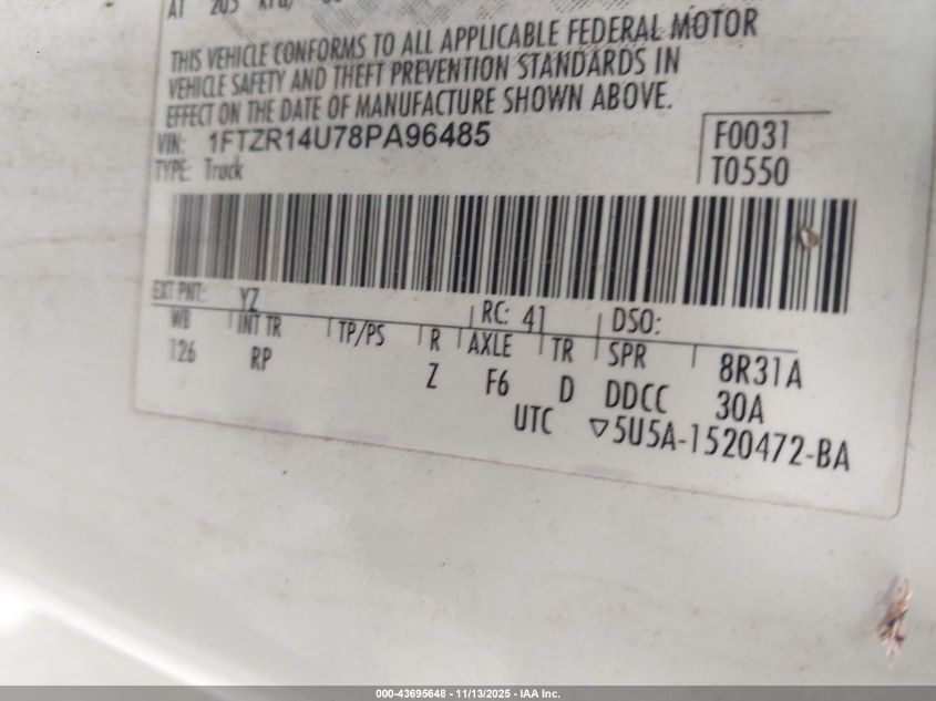 2008 Ford Ranger Xl/Xlt VIN: 1FTZR14U78PA96485 Lot: 43695648