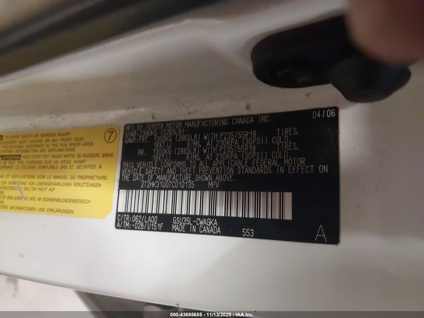 2007 Lexus Rx 350 VIN: 2T2HK31U07C010135 Lot: 43695655