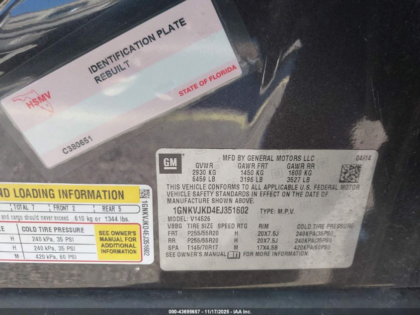 2014 Chevrolet Traverse Ltz VIN: 1GNKVJKD4EJ351602 Lot: 43695657