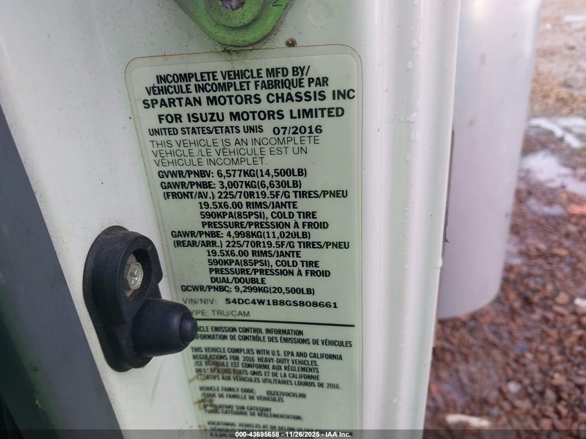 2016 Isuzu Npr Hd Gas Reg VIN: 54DC4W1B8GS808661 Lot: 43695658